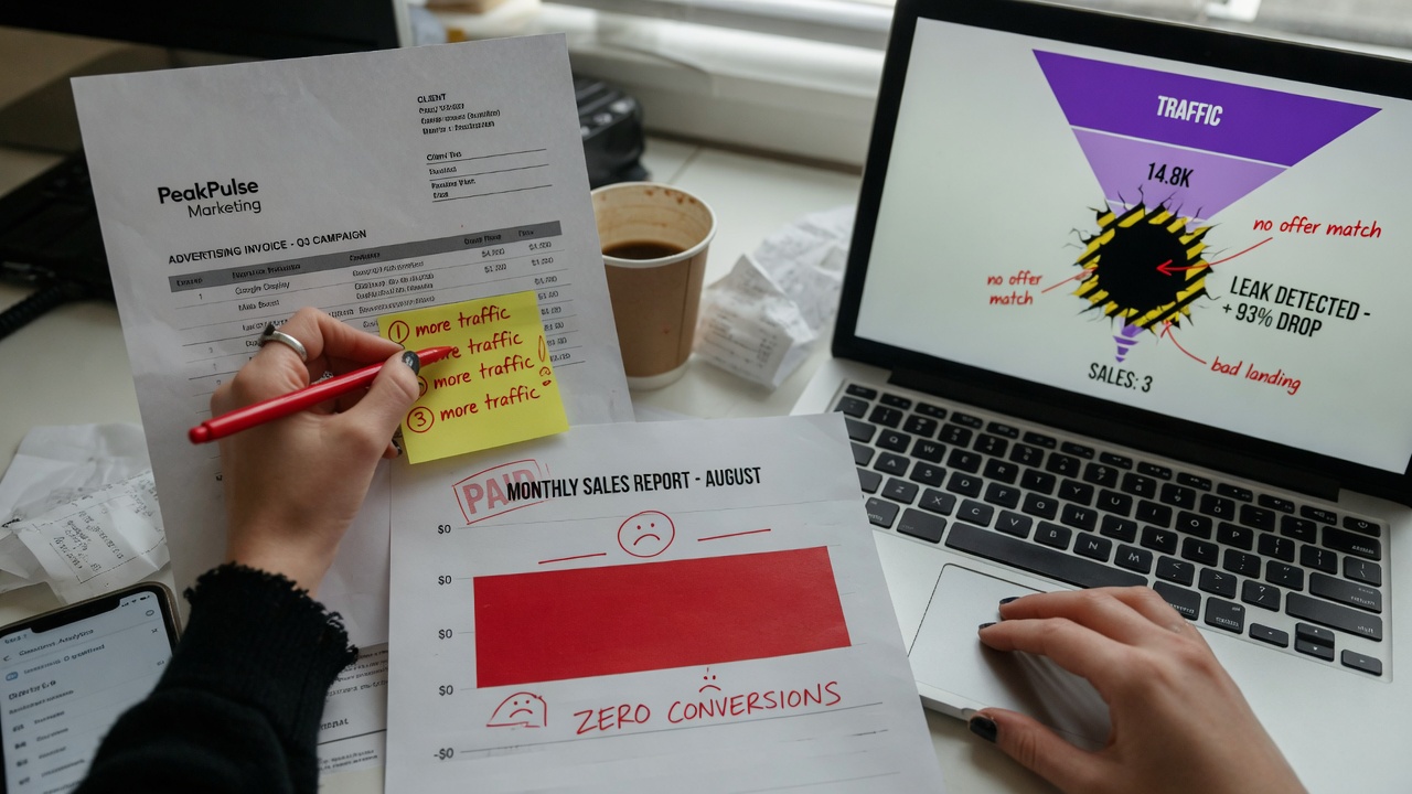 Solo ad invoice showing zero sales and dead funnel diagram