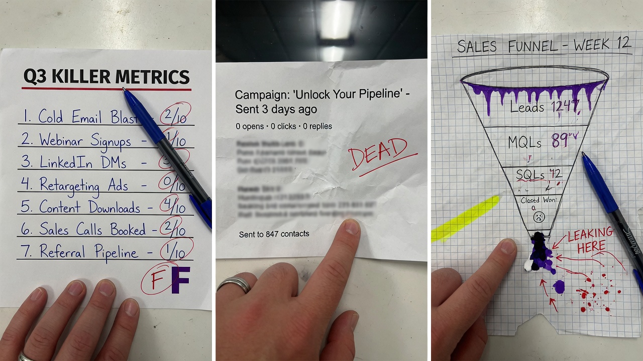 Dead Funnel Fix diagnostic scorecard with 7 killers and low scores circled