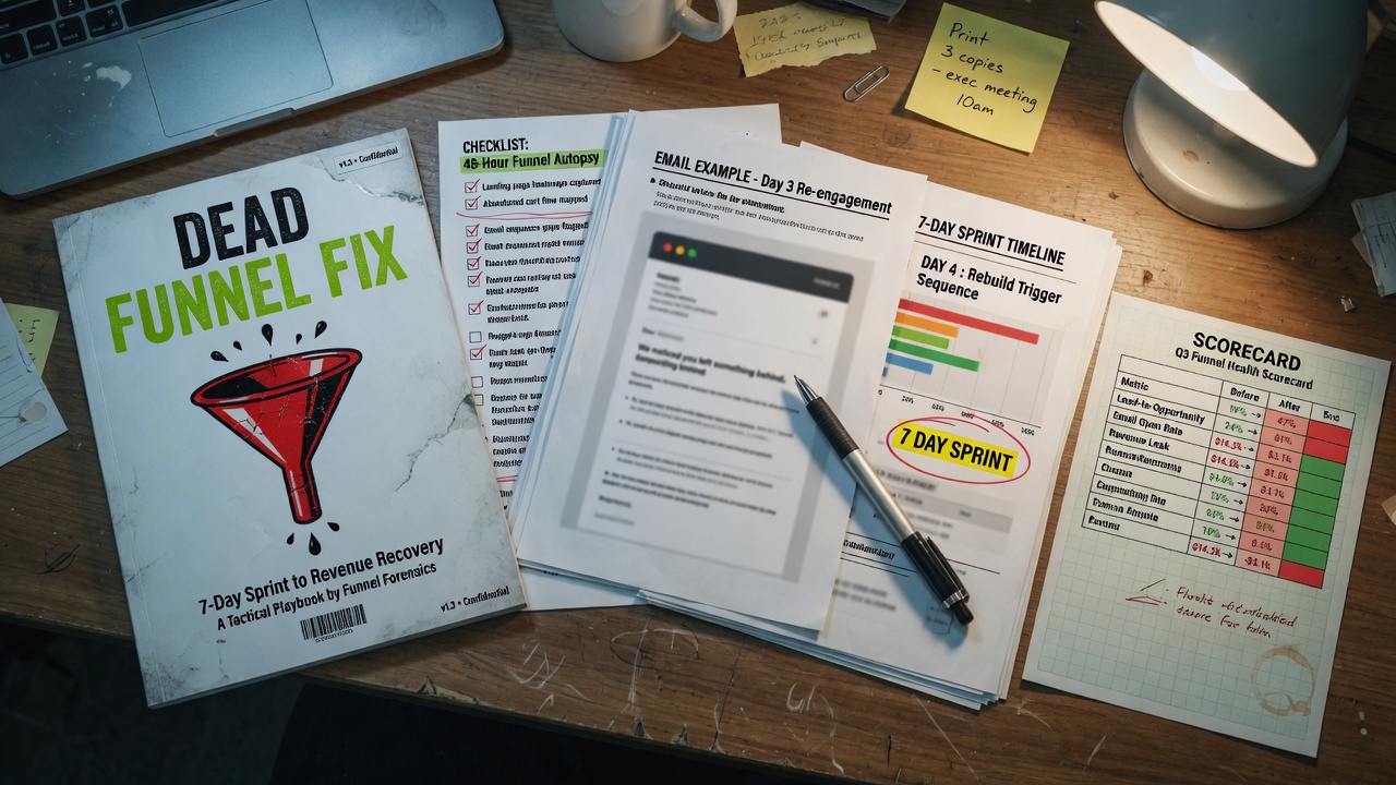 Dead Funnel Fix PDF open to scorecard, checklists and ready-to-use email templates