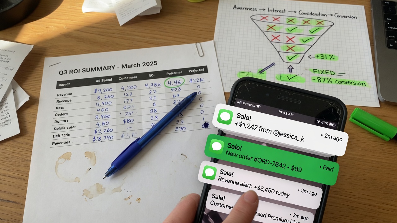 Sales notifications and ROI sheet showing revenue from fixed funnel